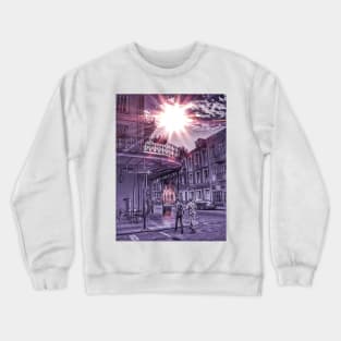 Monochromatic Purple Urban New Orleans Iconic Street Architecture with Sunny Cloudy Sky and Two Walking Humans Expressing Nola Love Crewneck Sweatshirt